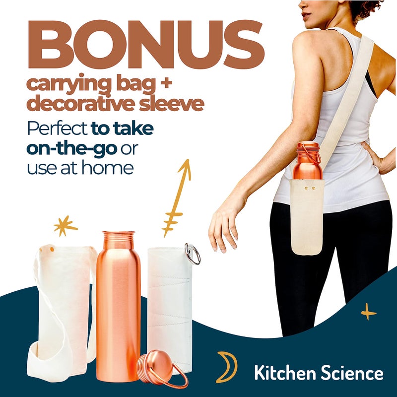 Kitchen Science Copper Water Bottle (34 Oz /1000 ml) with Carrying Canvas Bag & Sleeve| 100% Pure Copper Bottle for Drinking Water | Leak-Proof | Authentic Ayurvedic Copper Water Bottle - Image 3